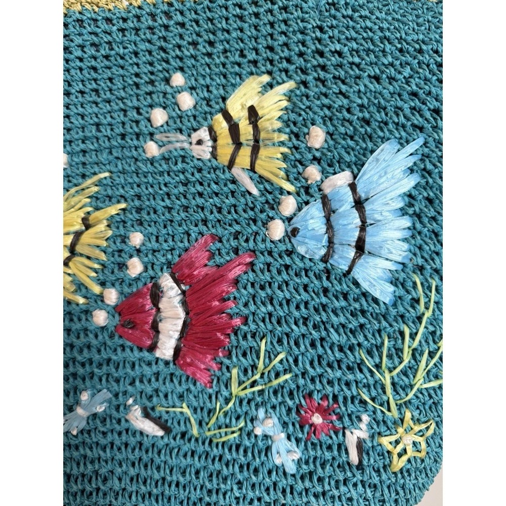 Vintage Tropical Fish Embroidered Crochet Straw Tote Bag Blue Summer Vacation - Picture 3 of 14